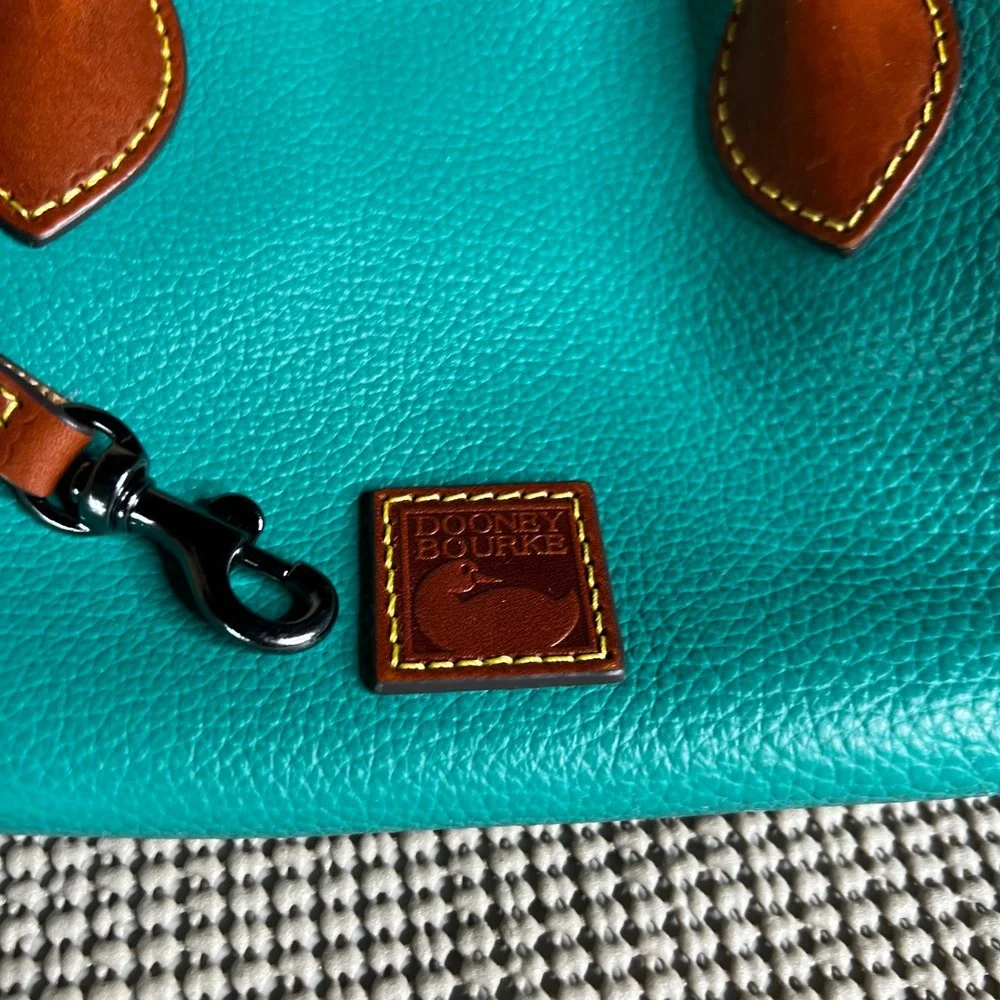 Dooney & Bourke Teal Pebbled Leather Satchel Crossbody Bag Brown Trim